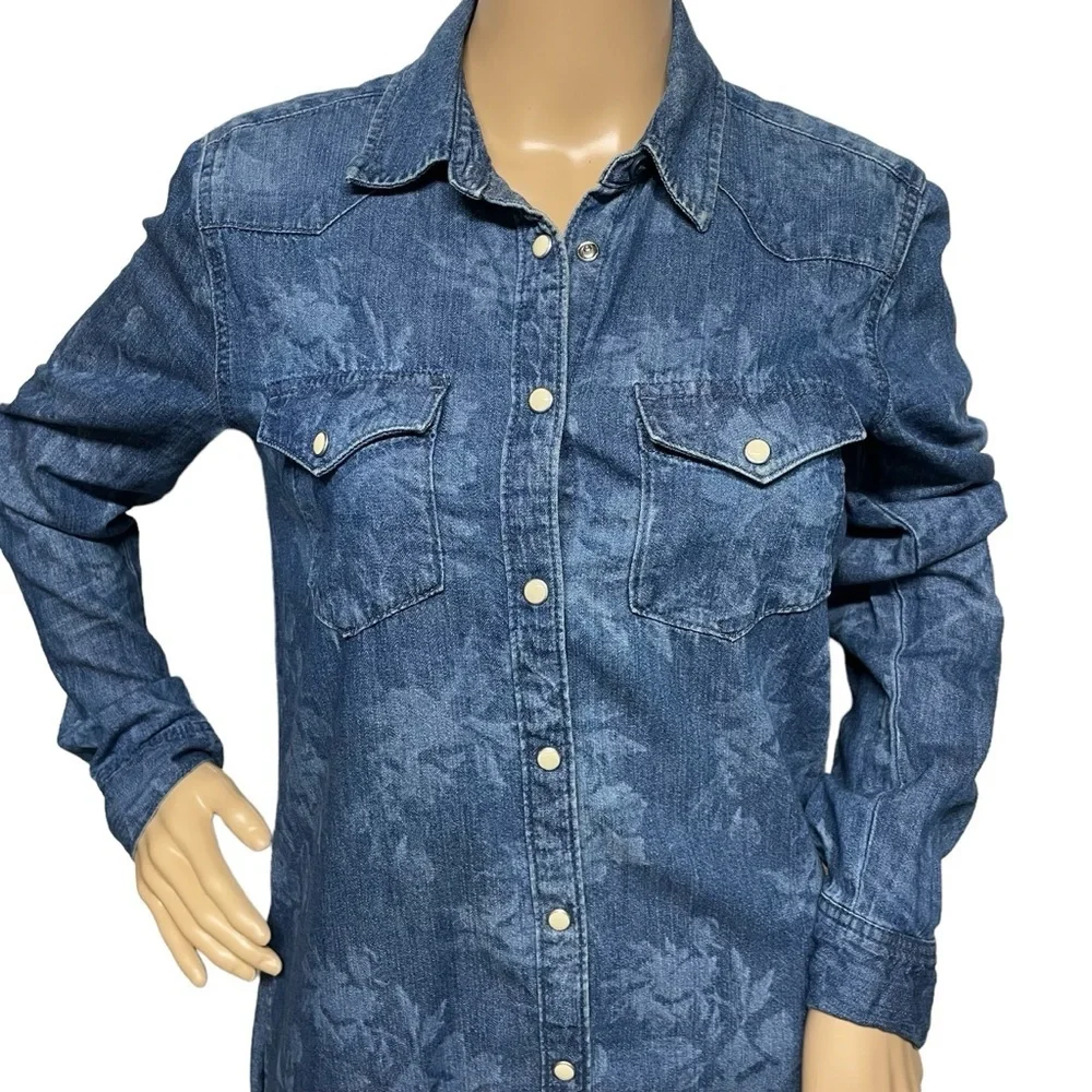 GAP 1969 Blue XS Floral Print White Pearl Snap Button Denim Dress in EUC - Picture 3 of 13